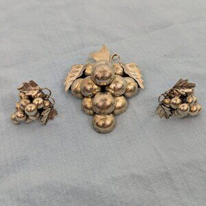 Vintage Uxmal Taxco Mexico Grape Cluster Sterling Silver Brooch & Earrings Set